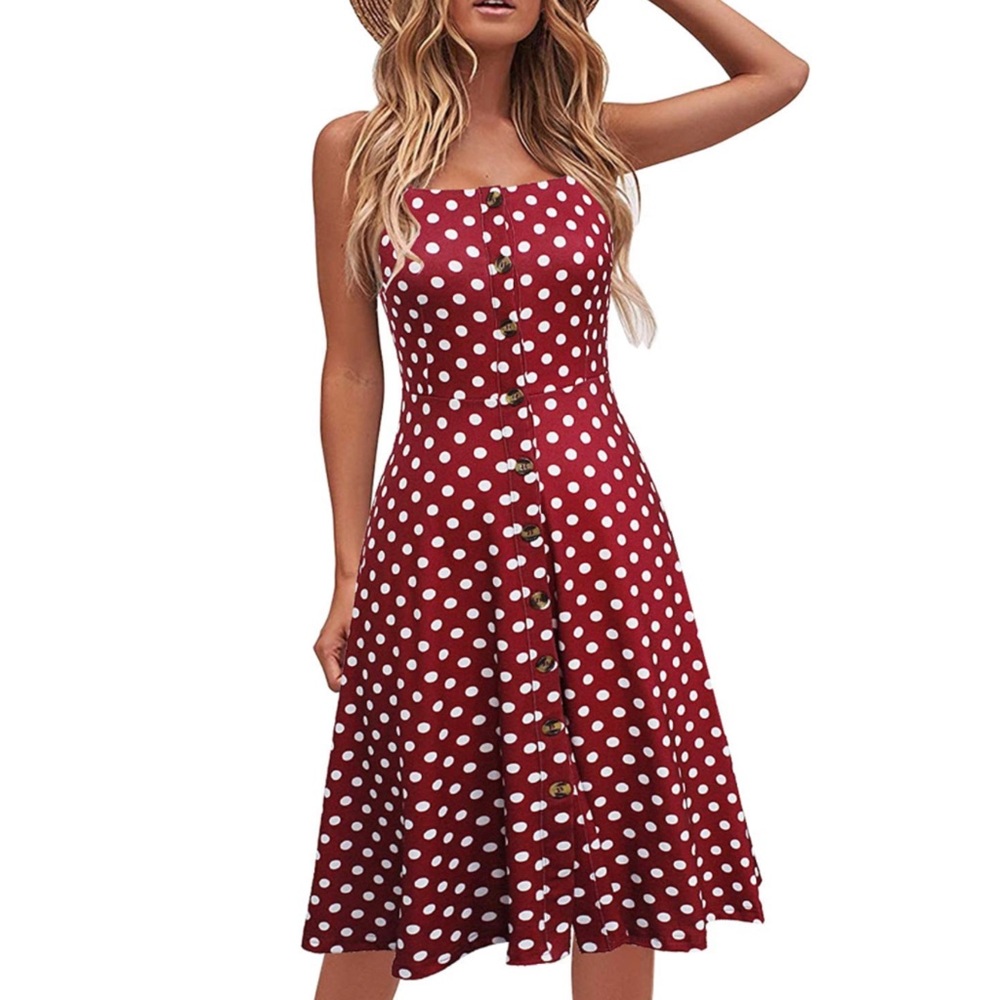 Berydress Red Polka Dot A-Line Spaghetti Strap Button Down Midi Dress - M